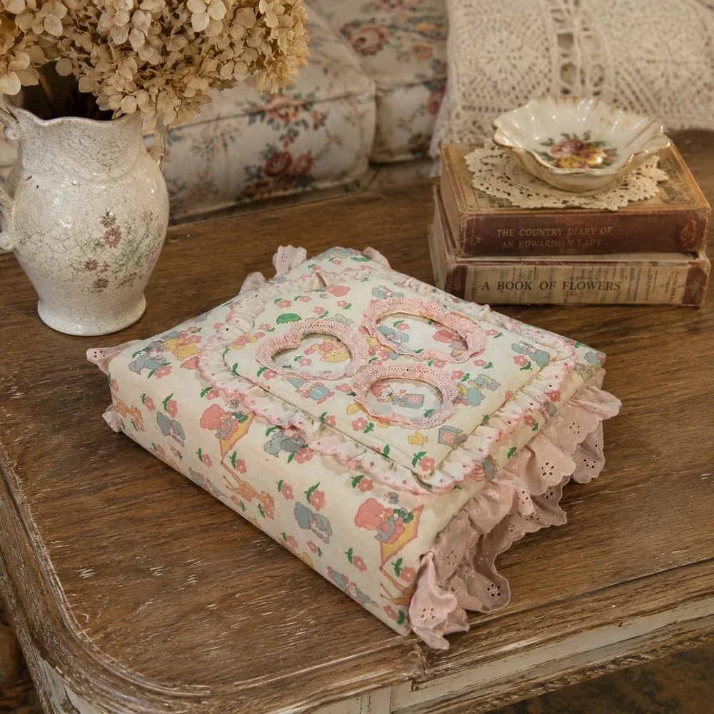 Vintage Padded Fabric Photo Album Nursery Bear Elephant Pink Eyelet Lace Trim